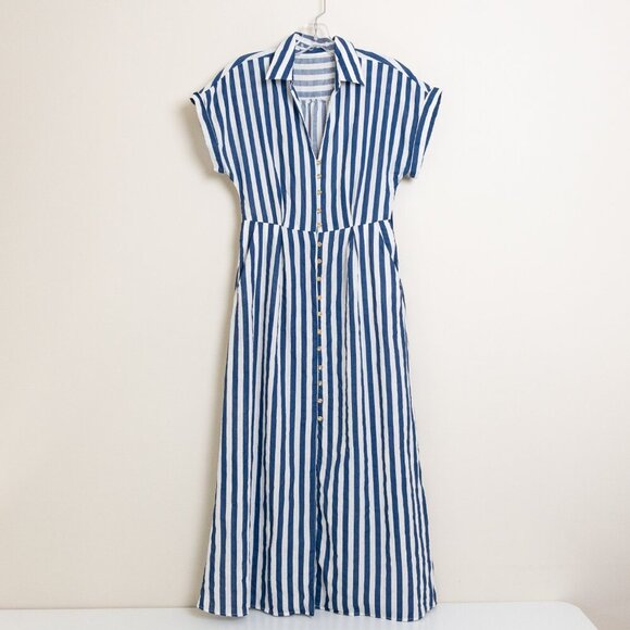 ✨ ZARA Striped Linen Blend Midi Shirt Dress White Blue Button Front - Picture 2 of 13